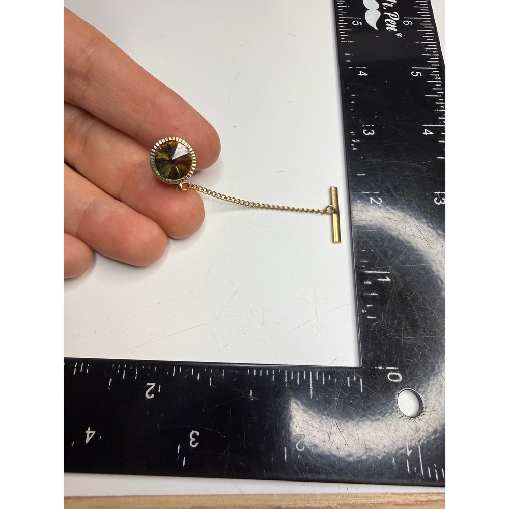 Gold Tone Tie Tack Amber Faceted Glass Stone Safety Chain T-Bar Mens Accessory